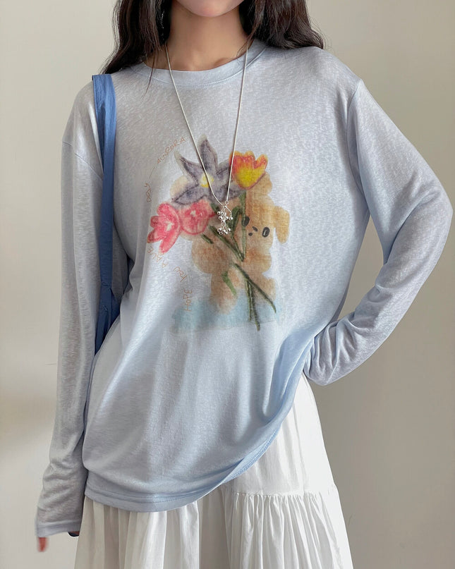 Cartoon Print Long-Sleeve Loose Summer Sun-Protective Tee
