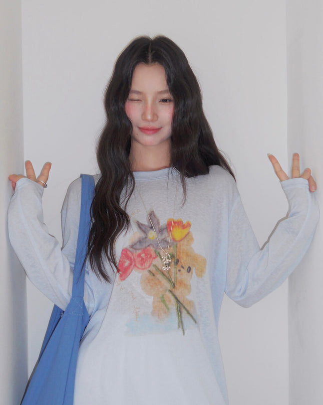 Cartoon Print Long-Sleeve Loose Summer Sun-Protective Tee