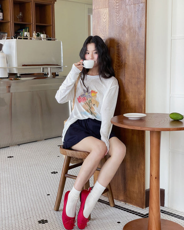 Cartoon Print Long-Sleeve Loose Summer Sun-Protective Tee