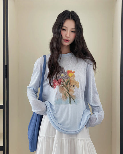 Cartoon Print Long-Sleeve Loose Summer Sun-Protective Tee