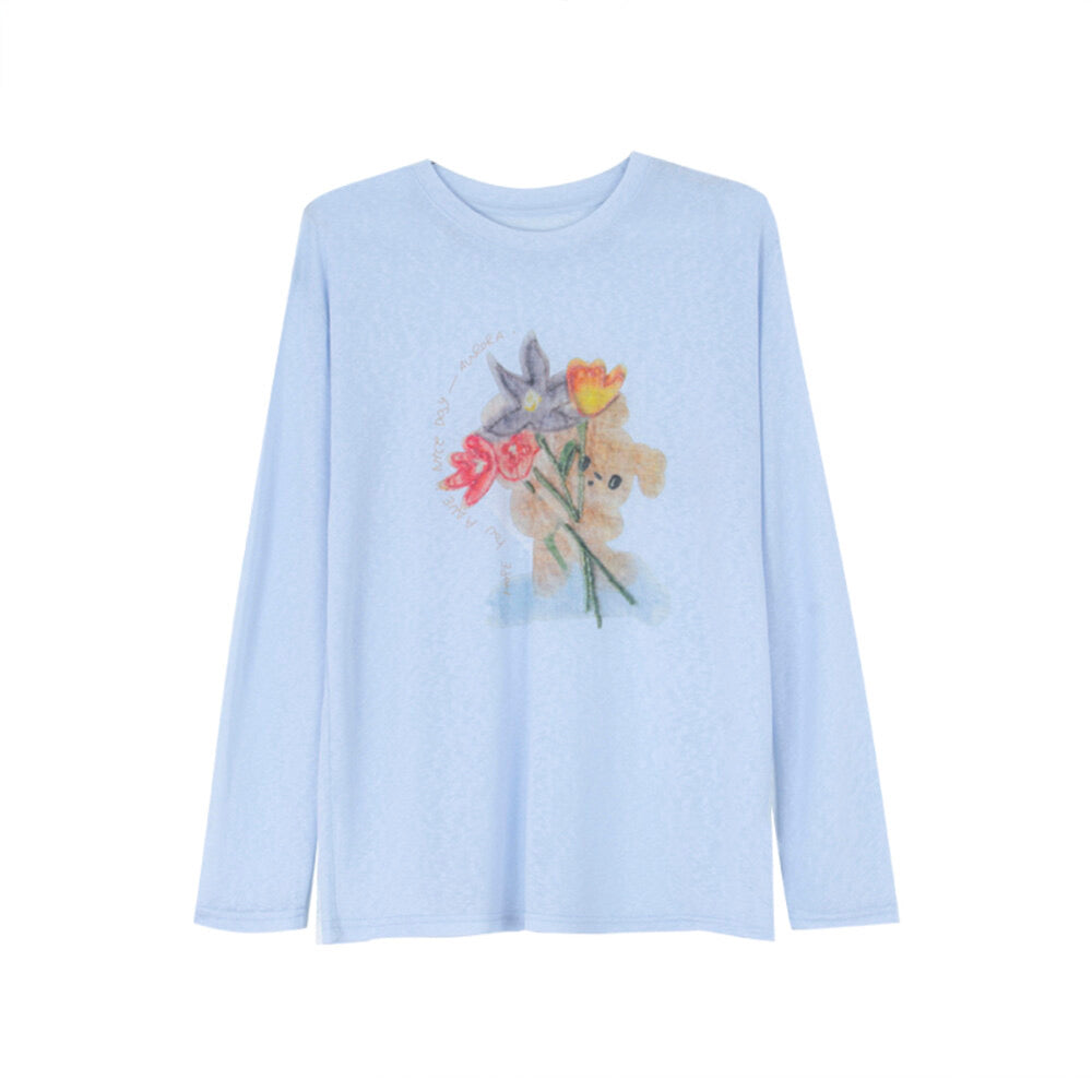Cartoon Print Long-Sleeve Loose Summer Sun-Protective Tee