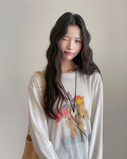 Cartoon Print Long-Sleeve Loose Summer Sun-Protective Tee