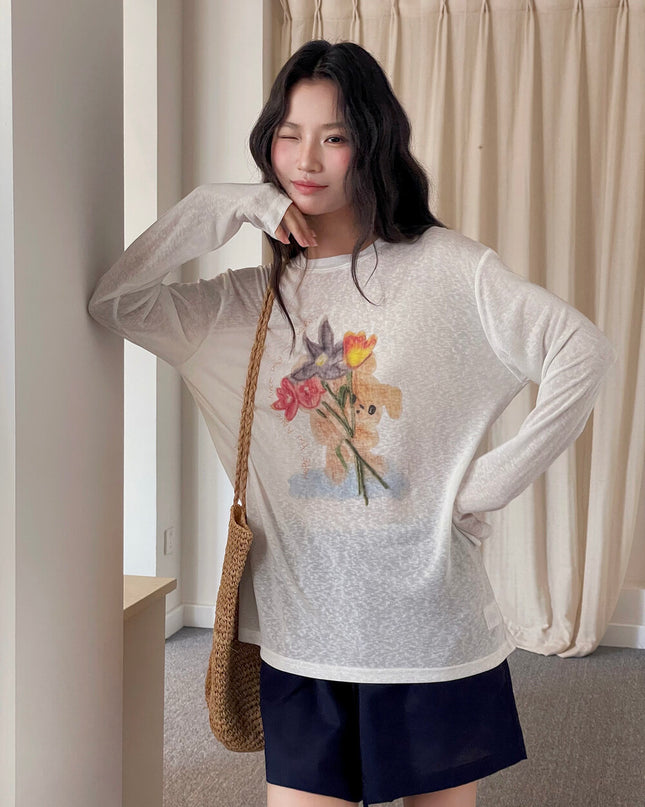 Cartoon Print Long-Sleeve Loose Summer Sun-Protective Tee