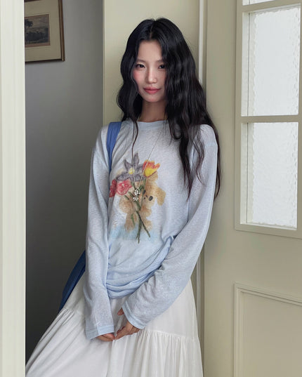 Cartoon Print Long-Sleeve Loose Summer Sun-Protective Tee