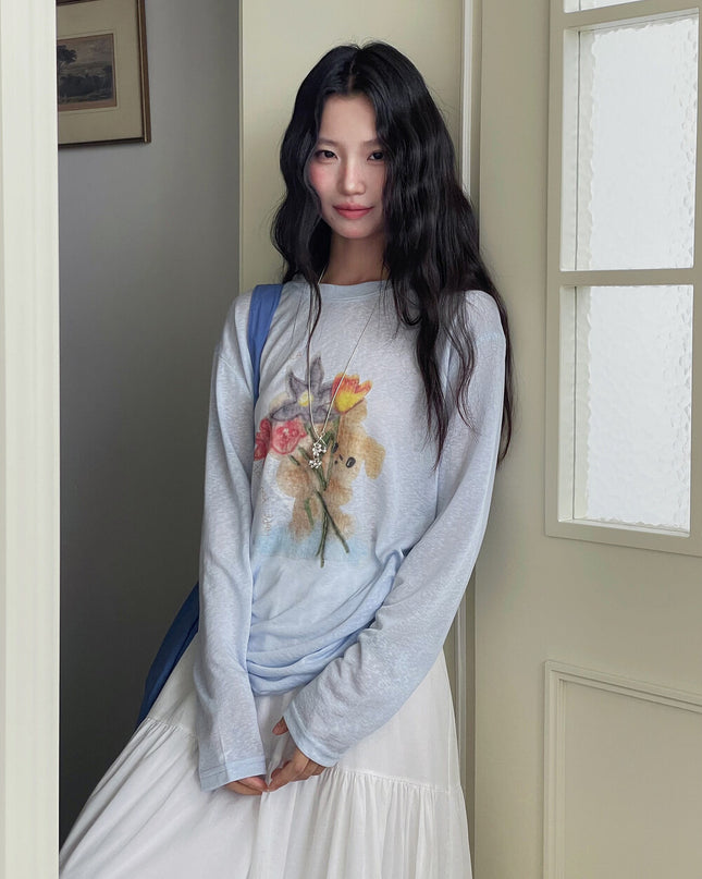 Cartoon Print Long-Sleeve Loose Summer Sun-Protective Tee