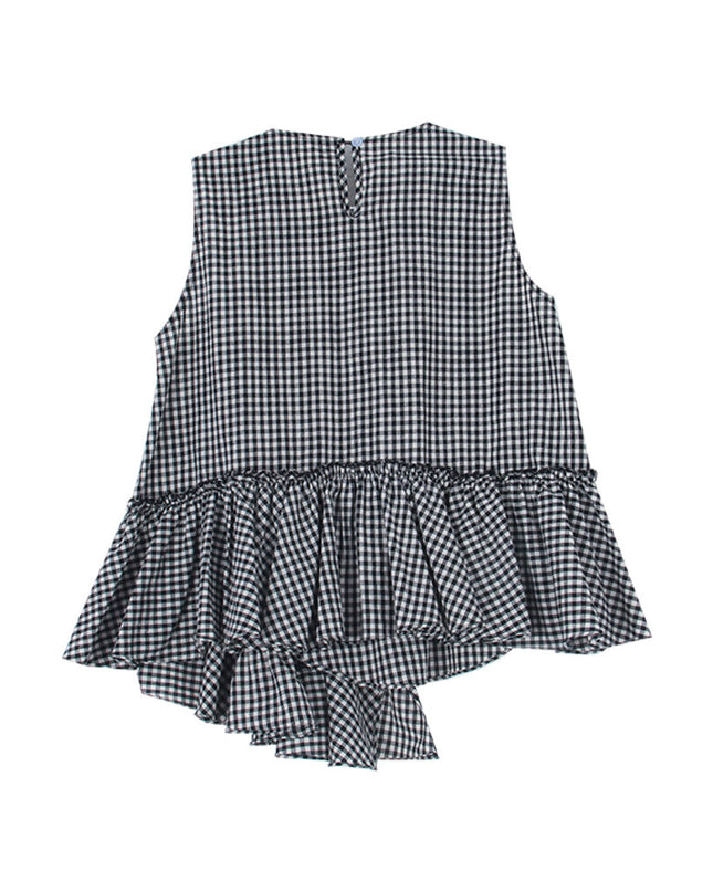Ruffle Asymmetrical-Hem Checkered Blouse