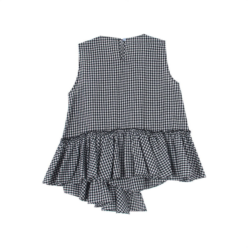 Ruffle Asymmetrical-Hem Checkered Blouse