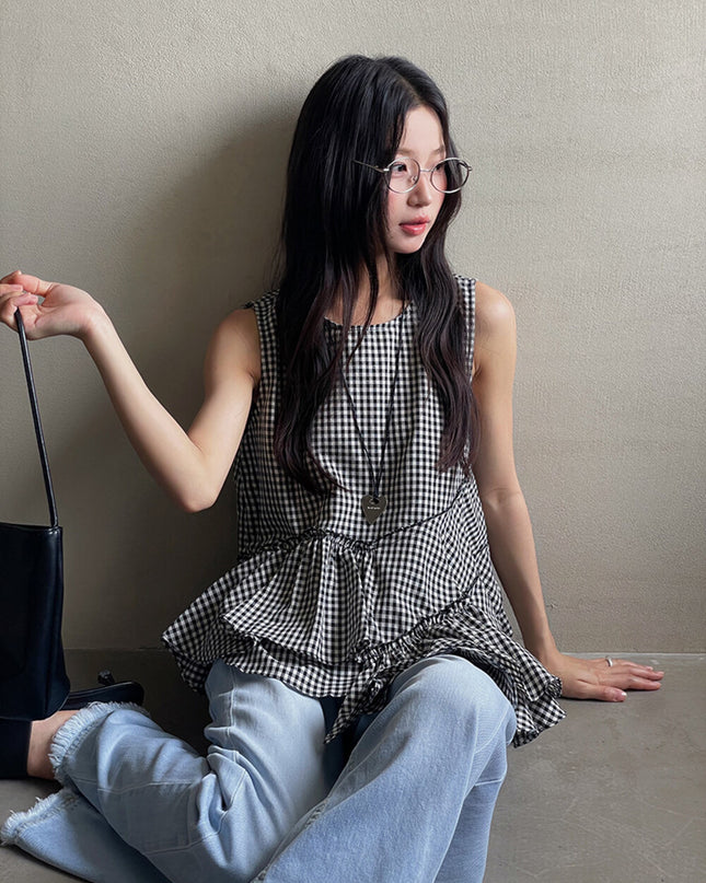 Ruffle Asymmetrical-Hem Checkered Blouse