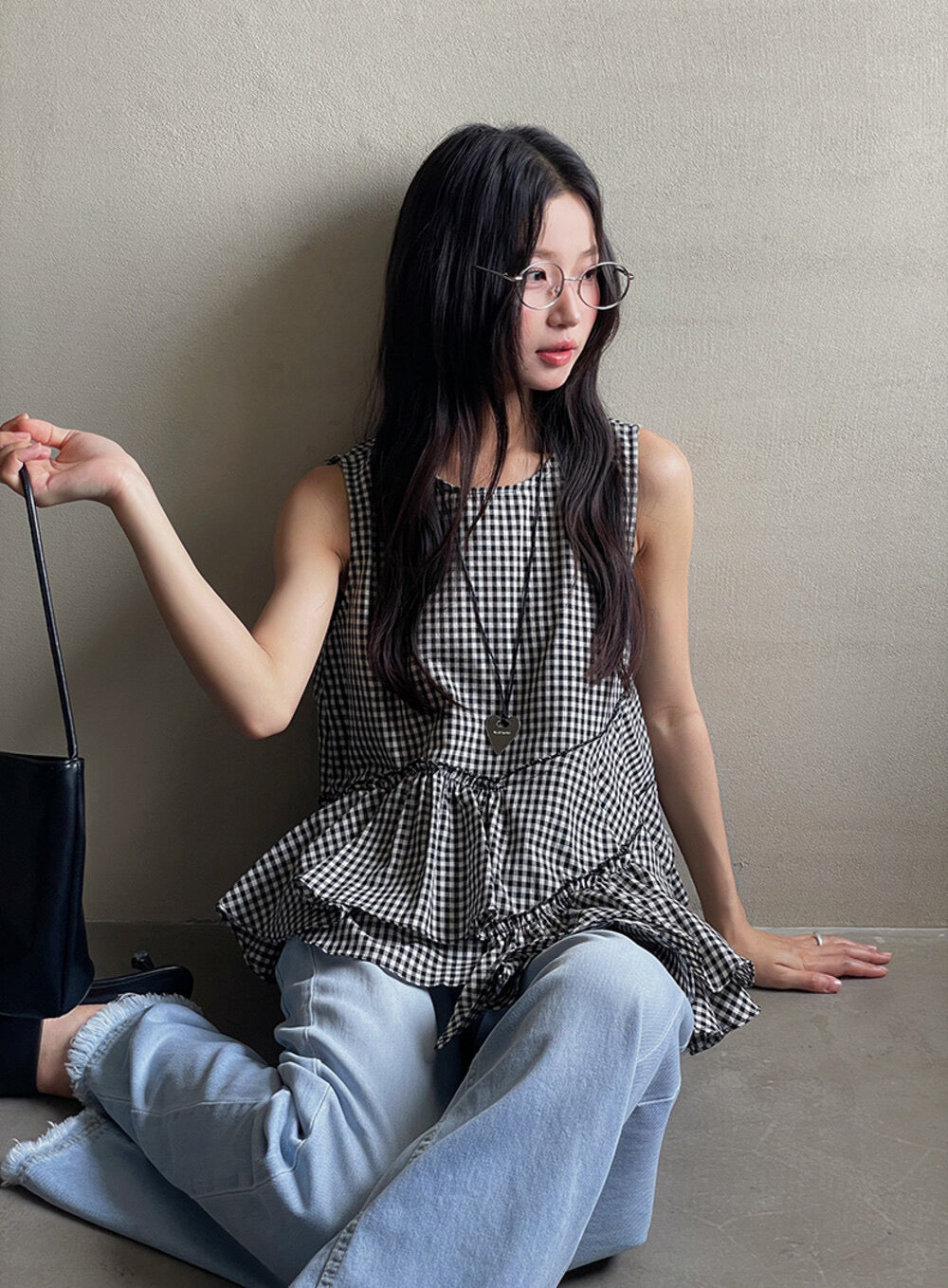 Ruffle Asymmetrical-Hem Checkered Blouse