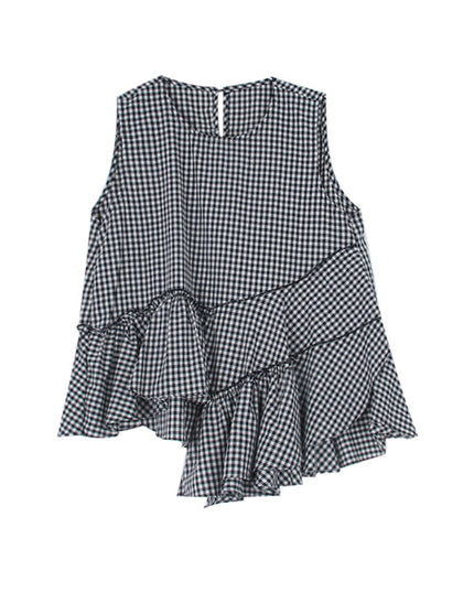 Ruffle Asymmetrical-Hem Checkered Blouse