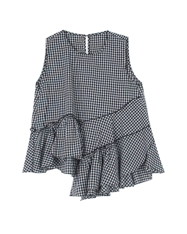 Ruffle Asymmetrical-Hem Checkered Blouse