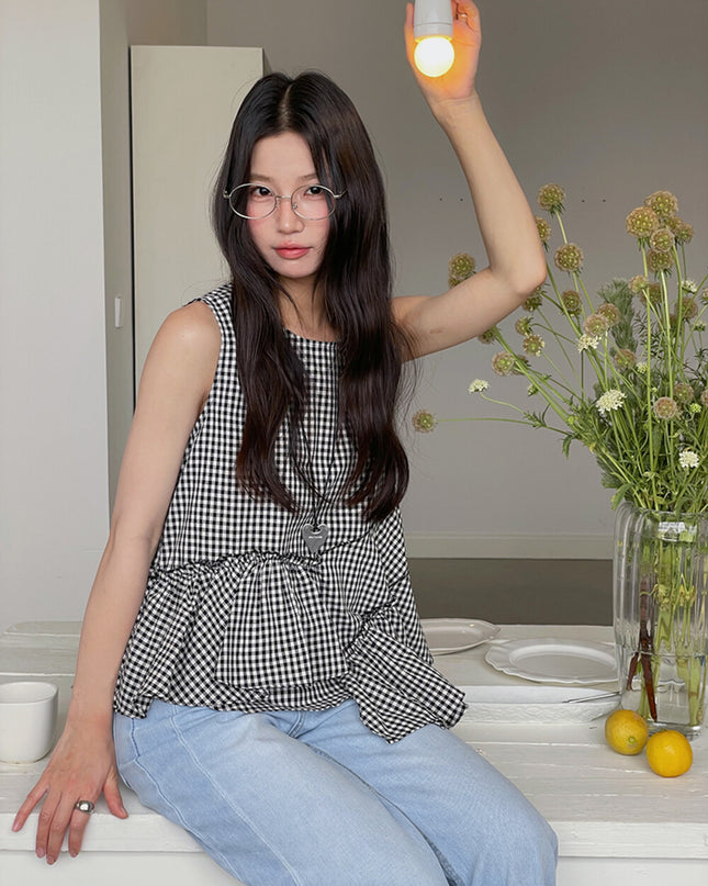 Ruffle Asymmetrical-Hem Checkered Blouse