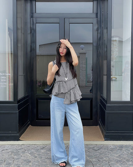 Ruffle Asymmetrical-Hem Checkered Blouse