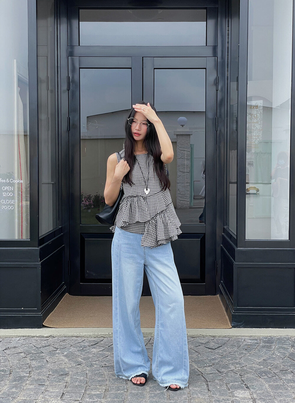 Ruffle Asymmetrical-Hem Checkered Blouse