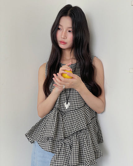 Ruffle Asymmetrical-Hem Checkered Blouse