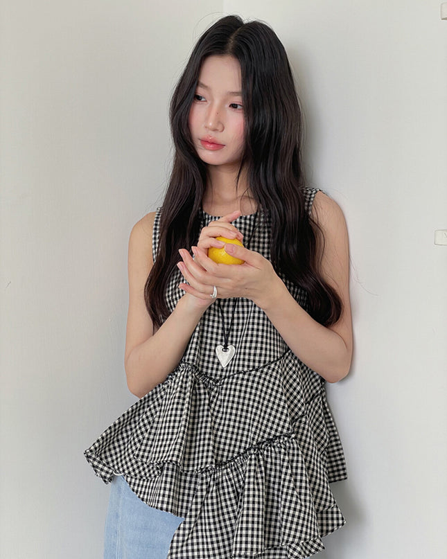 Ruffle Asymmetrical-Hem Checkered Blouse