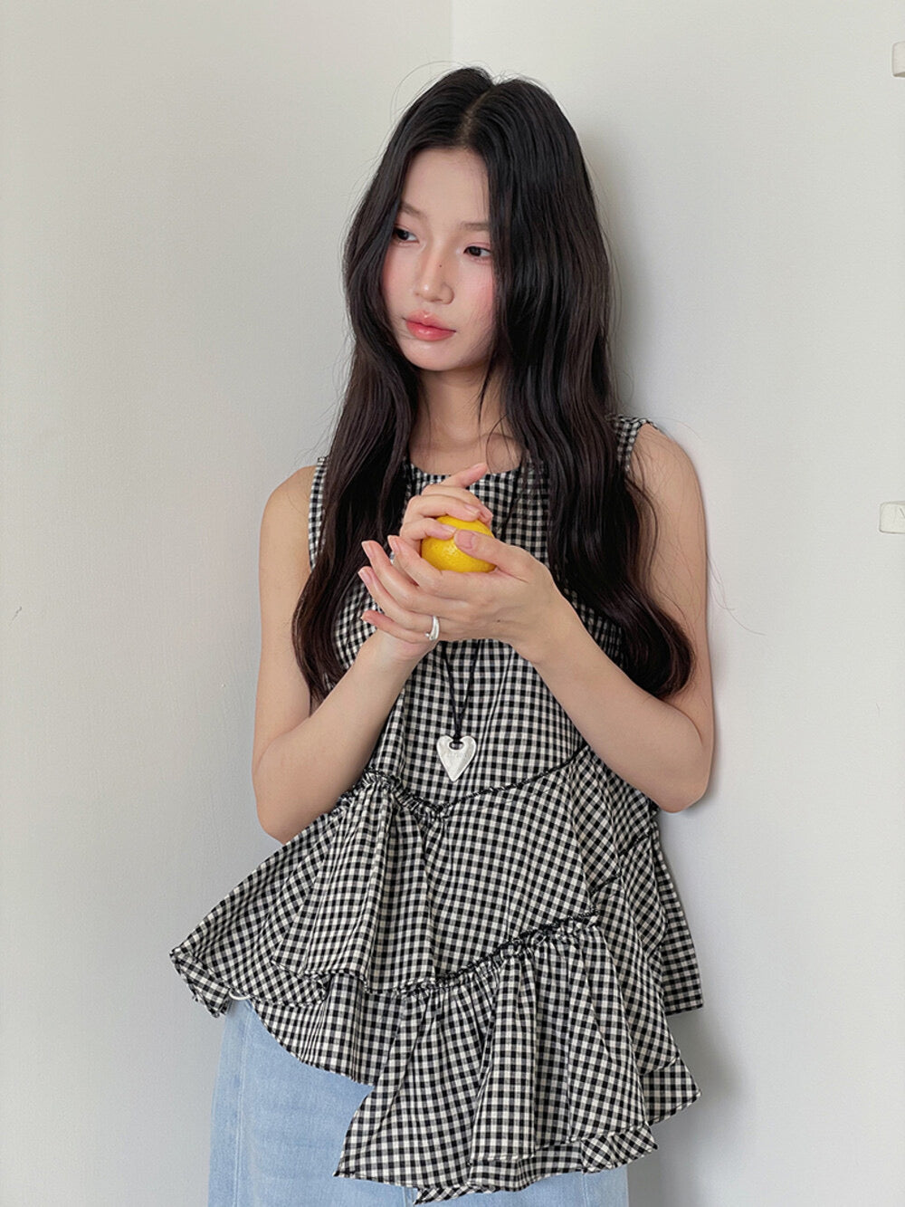 Ruffle Asymmetrical-Hem Checkered Blouse