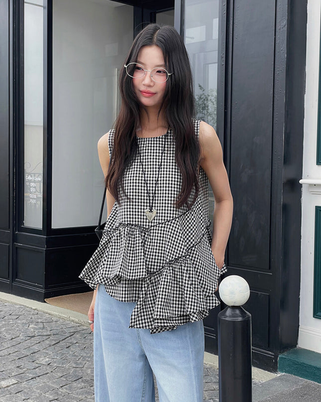 Ruffle Asymmetrical-Hem Checkered Blouse