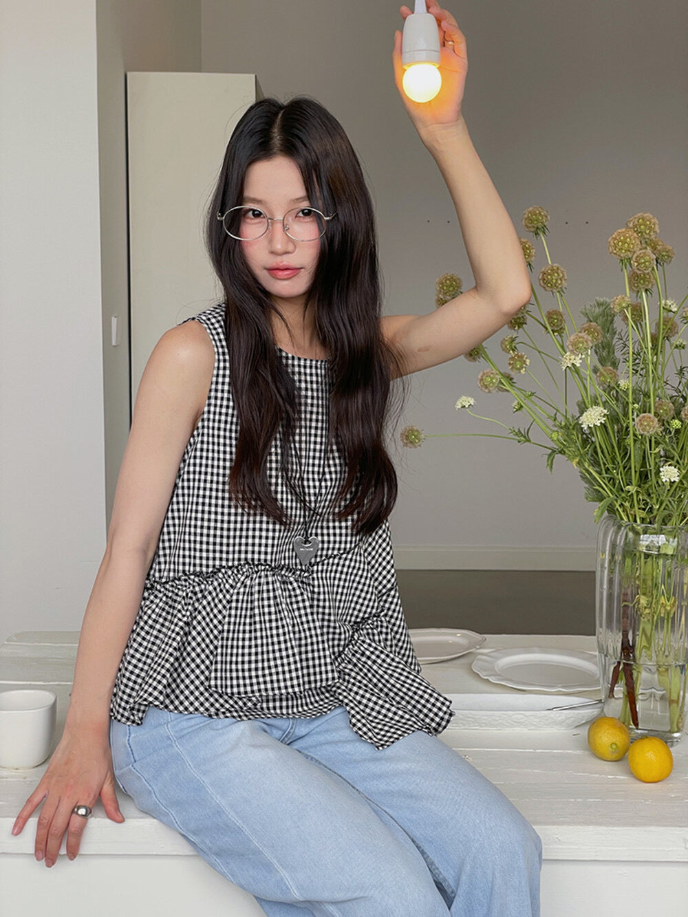 Ruffle Asymmetrical-Hem Checkered Blouse