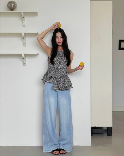 Ruffle Asymmetrical-Hem Checkered Blouse