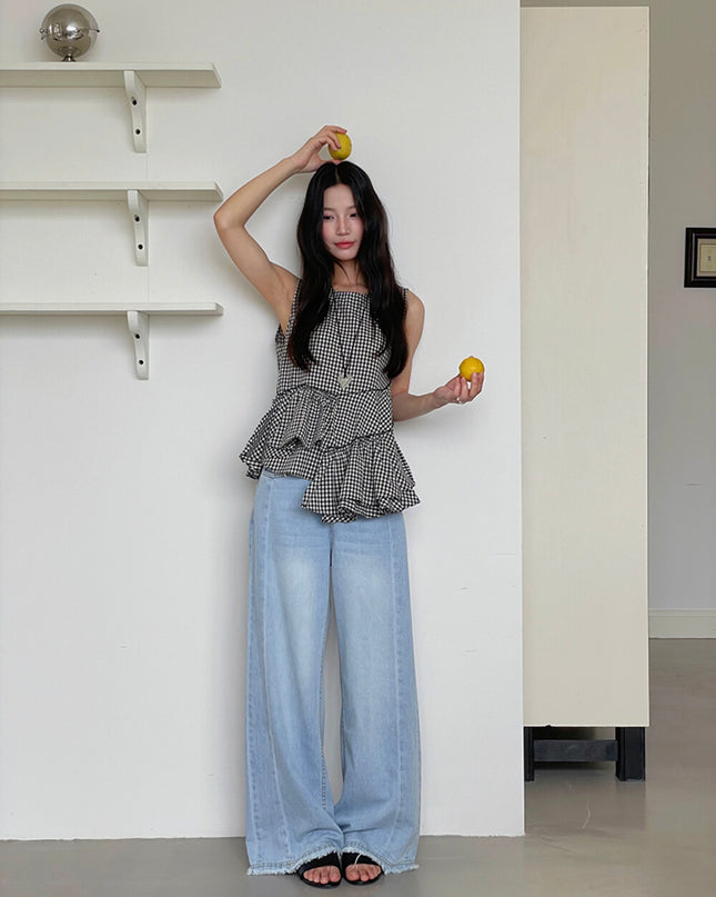 Ruffle Asymmetrical-Hem Checkered Blouse