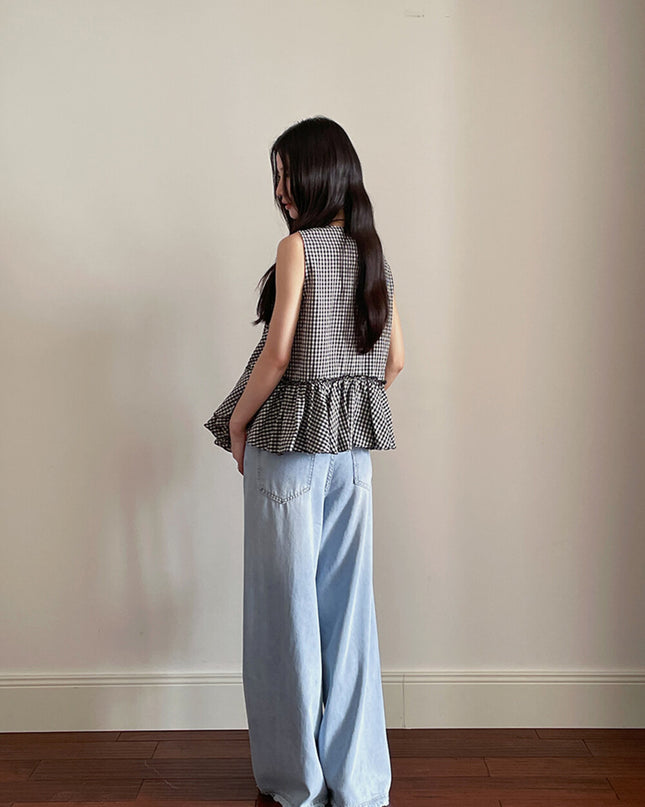 Ruffle Asymmetrical-Hem Checkered Blouse