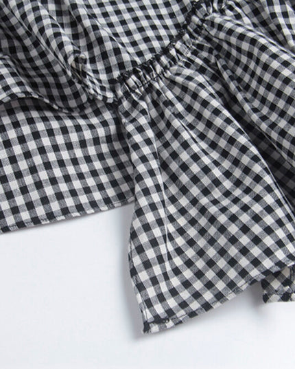 Ruffle Asymmetrical-Hem Checkered Blouse