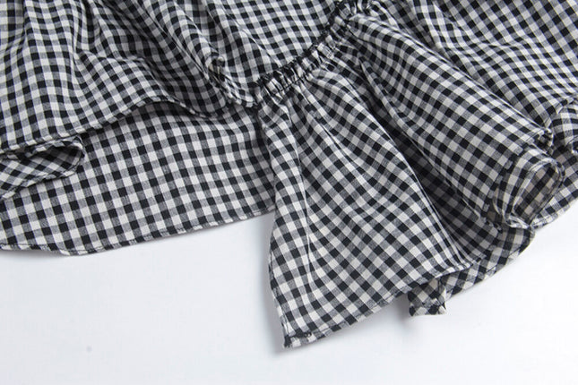 Ruffle Asymmetrical-Hem Checkered Blouse