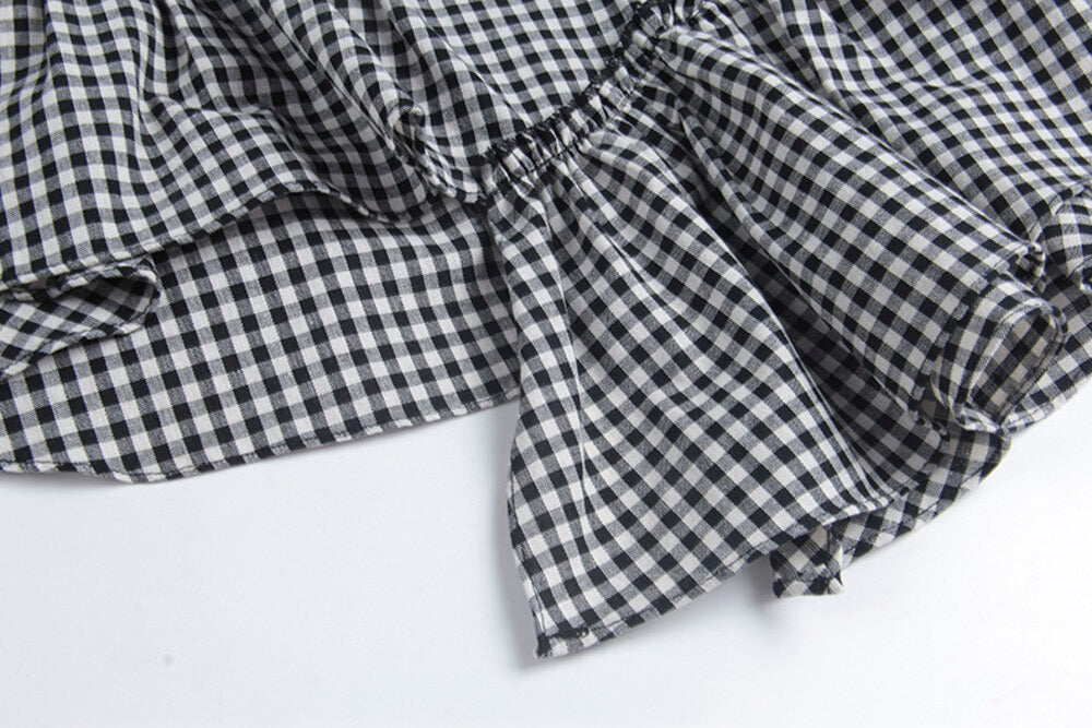 Ruffle Asymmetrical-Hem Checkered Blouse