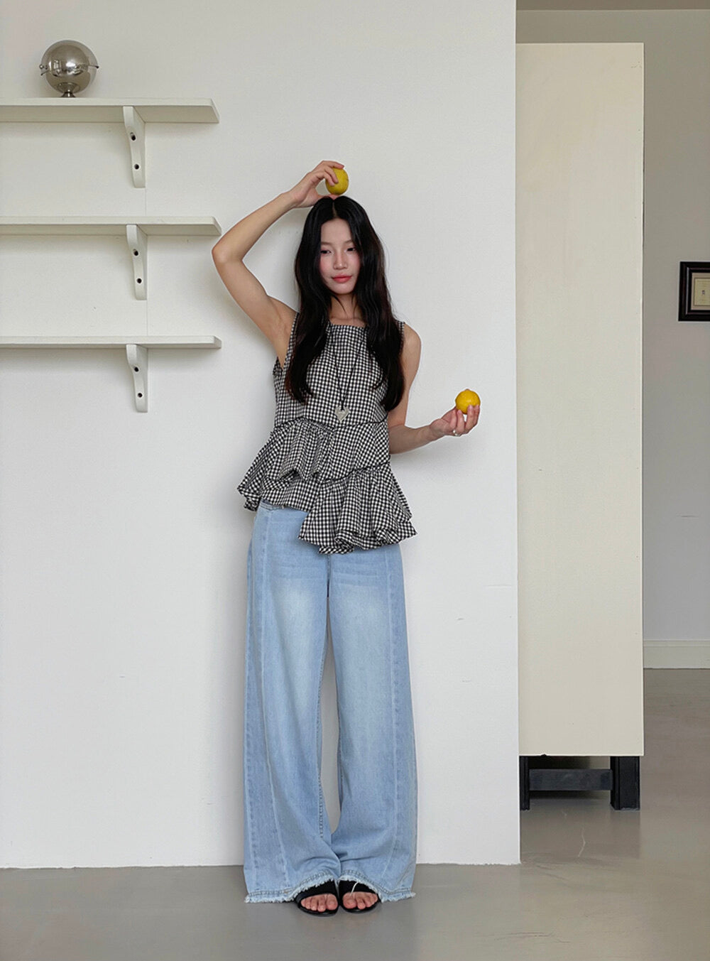 Ruffle Asymmetrical-Hem Checkered Blouse
