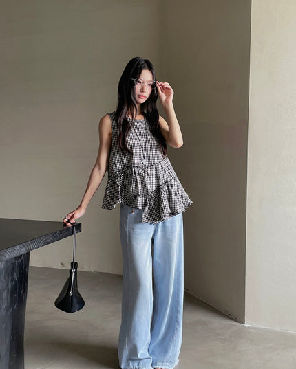 Ruffle Asymmetrical-Hem Checkered Blouse