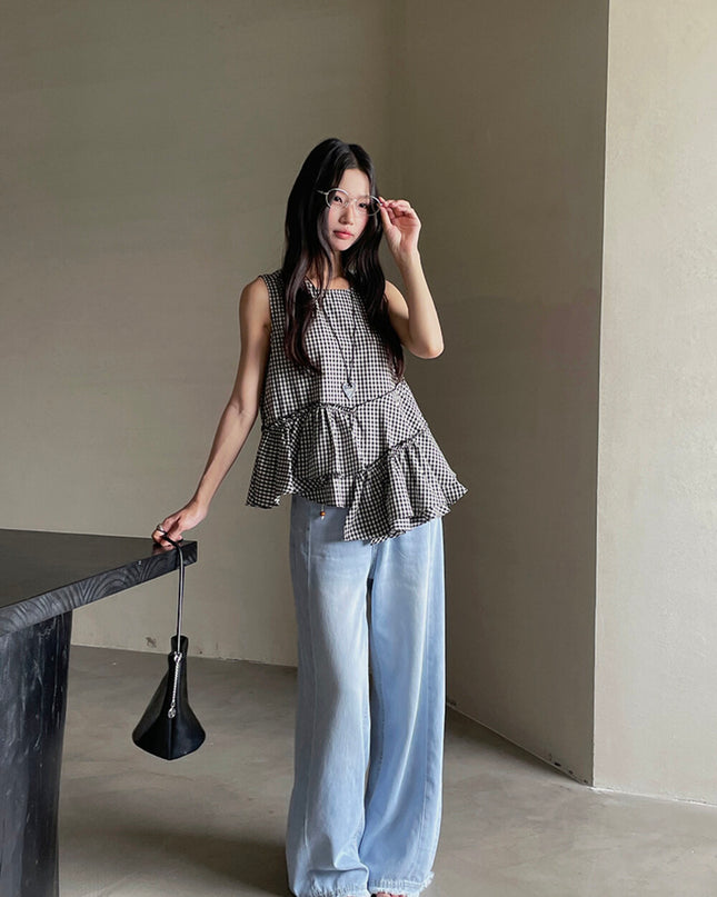 Ruffle Asymmetrical-Hem Checkered Blouse