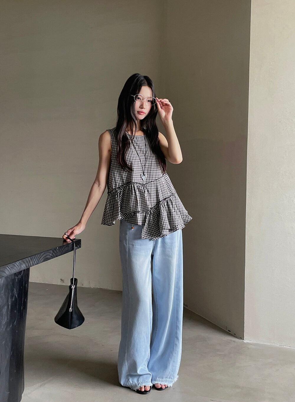 Ruffle Asymmetrical-Hem Checkered Blouse