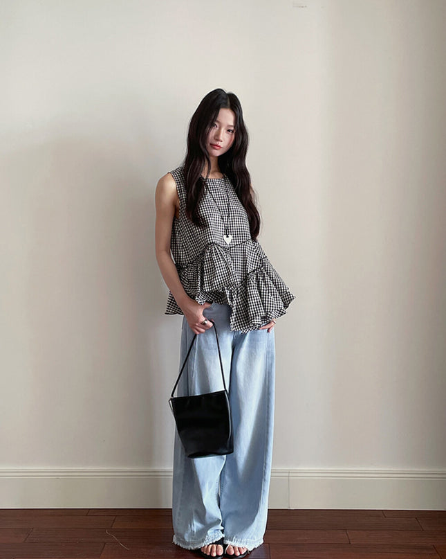 Ruffle Asymmetrical-Hem Checkered Blouse