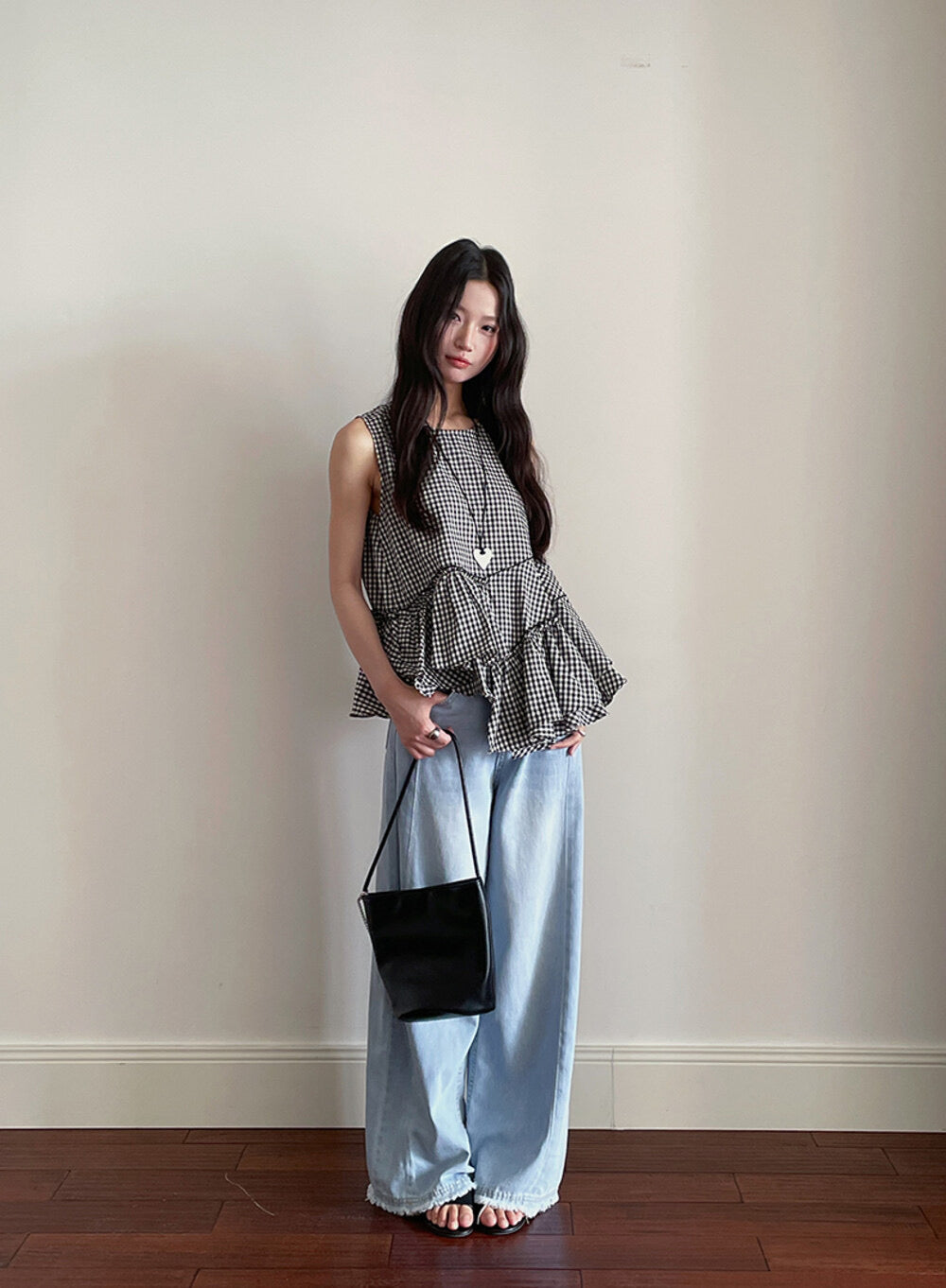 Ruffle Asymmetrical-Hem Checkered Blouse