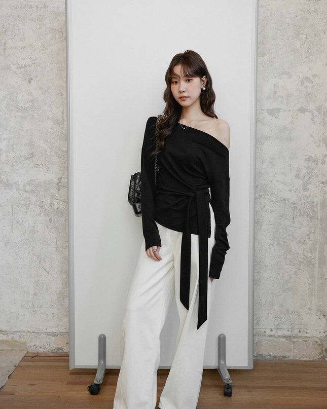 Korean Off-Shoulder Tie-Waist Long-Sleeve Top
