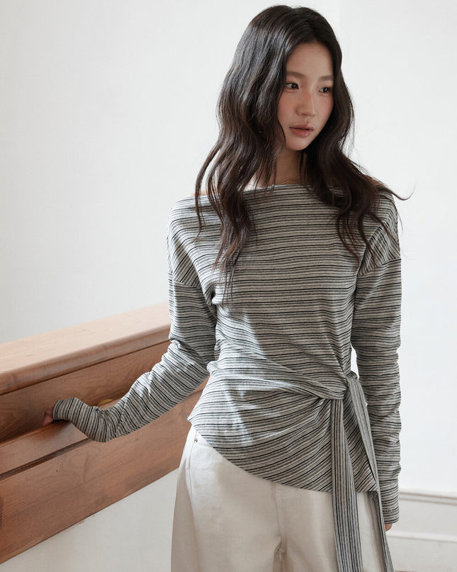Korean Off-Shoulder Tie-Waist Long-Sleeve Top