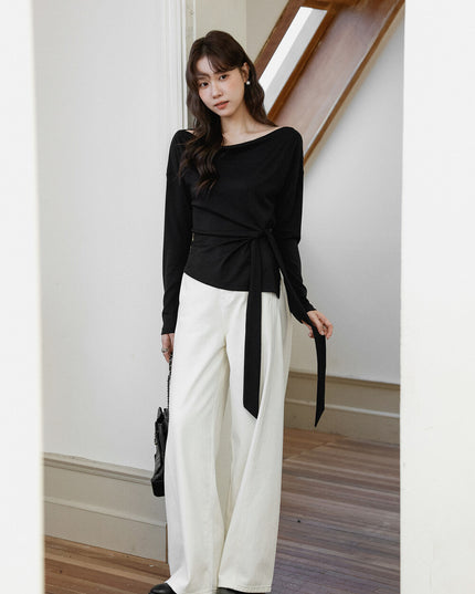 Korean Off-Shoulder Tie-Waist Long-Sleeve Top
