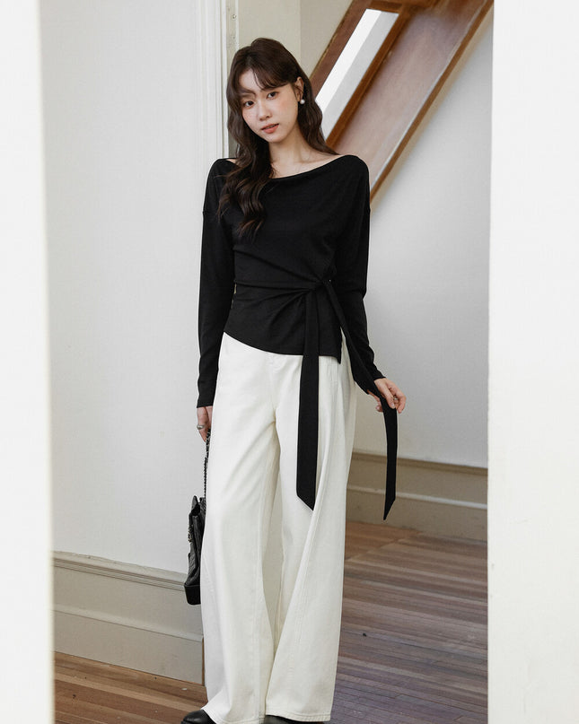 Korean Off-Shoulder Tie-Waist Long-Sleeve Top