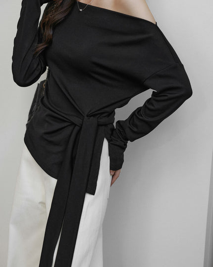 Korean Off-Shoulder Tie-Waist Long-Sleeve Top
