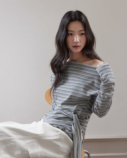 Korean Off-Shoulder Tie-Waist Long-Sleeve Top