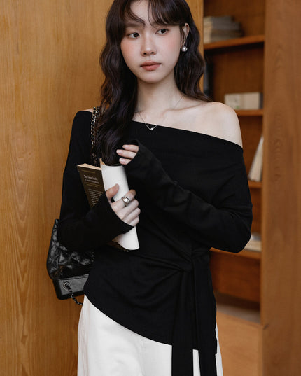 Korean Off-Shoulder Tie-Waist Long-Sleeve Top