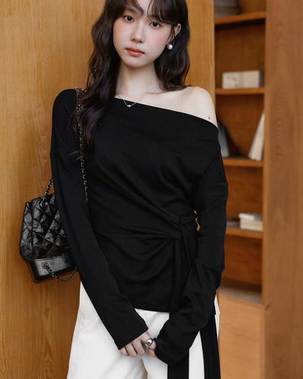 Korean Off-Shoulder Tie-Waist Long-Sleeve Top