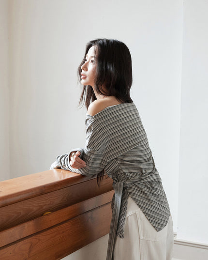 Korean Off-Shoulder Tie-Waist Long-Sleeve Top