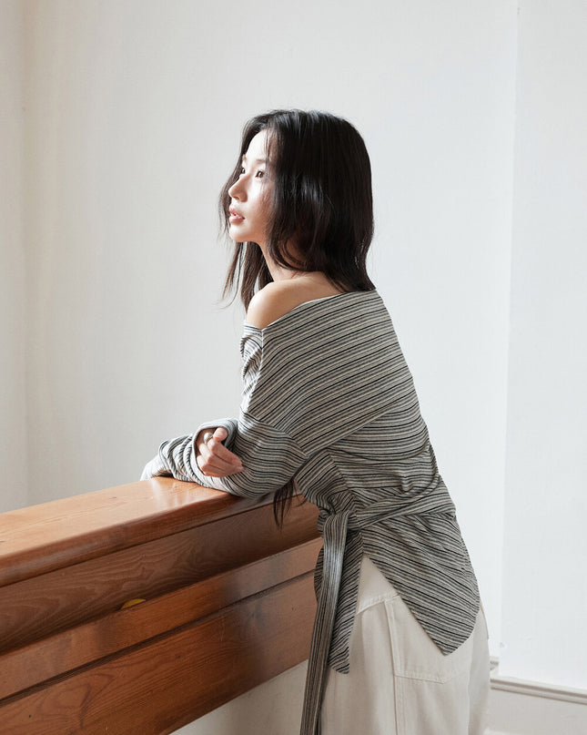 Korean Off-Shoulder Tie-Waist Long-Sleeve Top