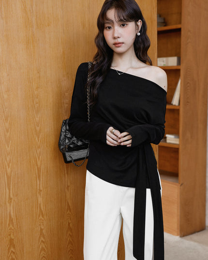 Korean Off-Shoulder Tie-Waist Long-Sleeve Top
