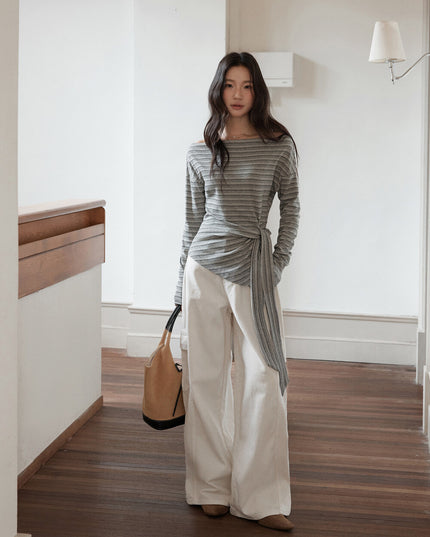 Korean Off-Shoulder Tie-Waist Long-Sleeve Top