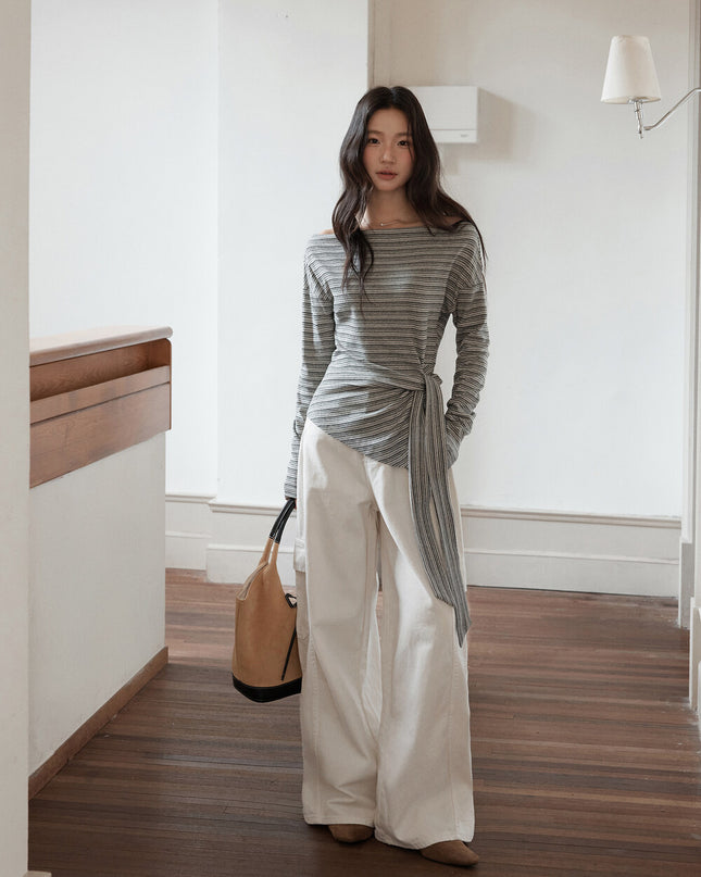 Korean Off-Shoulder Tie-Waist Long-Sleeve Top
