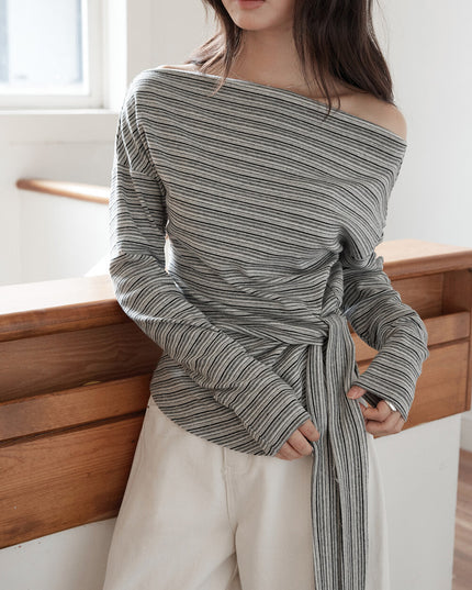 Korean Off-Shoulder Tie-Waist Long-Sleeve Top