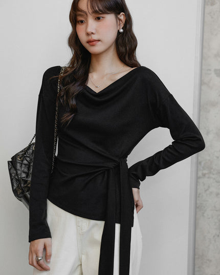 Korean Off-Shoulder Tie-Waist Long-Sleeve Top